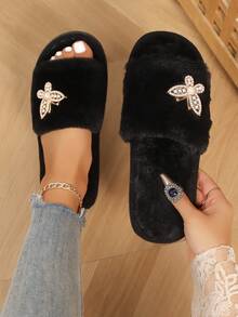 Pantuflas decoradas con mariposas para mujer, sandalias deslizantes de punta abierta, pantuflas planas cómodas para interiores, apropiadas para primavera, otoño y verano - Negro - View 9