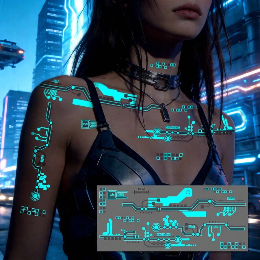 2 Sheets Glow In Dark Cyberpunk Mechanical Temporary Tattoo Stickers, Large Sci-Fi Robot Line Pattern Waterproof Long Lasting Body Decals For Men Women Cosplay Party Decor,Halloween Costume - Multicolor - View 1