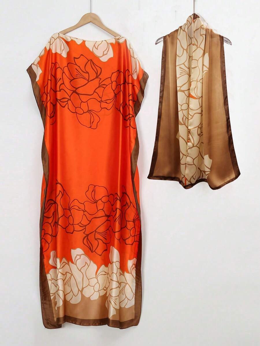 1pc Women's Silk-Like Floral Print Robe Shawl With Small Scarf Set, Outerwear Decoration For Beach, Sun Protection, Windproof, Daily Wear - Multicolor - View 1