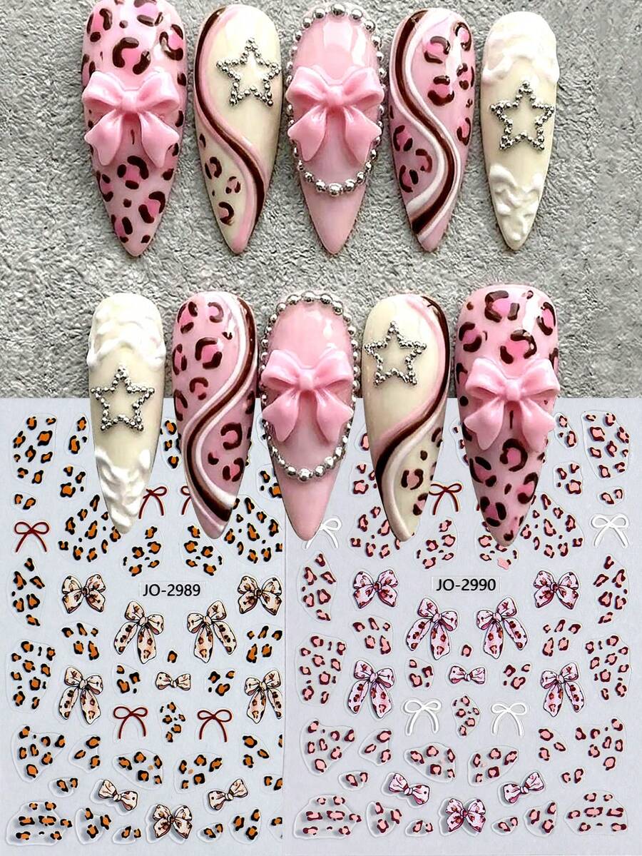 Cute Leopard Print Bow Nail Stickers, Thin Self-Adhesive Nail Art Decals With Brown Leopard Spots & Bow Patterns, Easy Apply Nail Decor For Women Girls - Multicolor - View 1