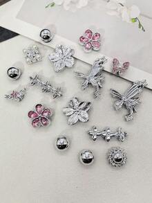 16pcs Shiny Rhinestone Flower Resin Shoe Charms, Luxury Silver & Pink Butterfly Clogs Shoe Clips, DIY Decoration Faux Pearl Shoe Accessories - Multicolor - View 2