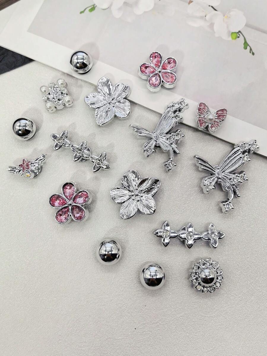 16pcs Shiny Rhinestone Flower Resin Shoe Charms, Luxury Silver & Pink Butterfly Clogs Shoe Clips, DIY Decoration Faux Pearl Shoe Accessories