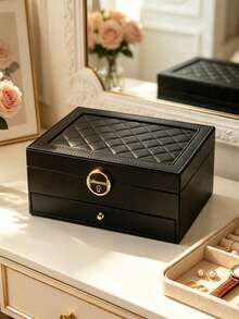 1/2/3-Layer Lockable Jewelry Box, Necklace, Ring, Earring Storage Organizer, Women's Back-To-School Gift - Black - View 5