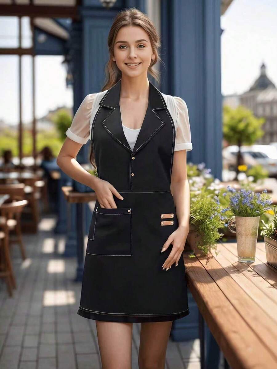 Solid Color Apron With Lapel Collar, Durable And Lightweight, Easy To Clean And Store, Side Pockets Design, Suitable For Kitchen Cleaning, Gardening, Outdoor Picnic, Seafood Cooking, Dumpling Making, And Applicable For Barbers, Restaurant Servers, Baristas, Unisex Household Essential, Great Gift Idea