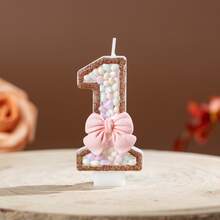 1件裝生日蠟燭 柔和糖果珠粉色蝴蝶結數字0-9蠟燭，金色亮粉邊框蛋糕裝飾蠟燭，生日派對甜點桌裝飾 - 粉紅色 - 查看 16