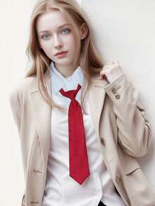 2PCS Women's Solid Red Tie Set, Uniform Shirt Suit Slouchy Tie, Suitable For Daily Use - Red - View 2