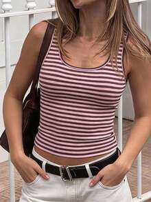 Women Fall Pink Brown Stripe Tank Top,Square Neck Slim Crop Camisole For Back To School Daily Going Out - Pink - View 8