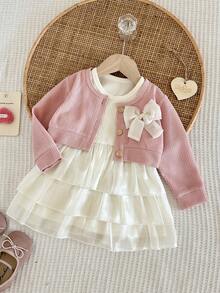 Baby Girl Spring/Autumn 2-Piece Set, Sweet Bow Short Knit Cardigan And Pearlescent Mesh Ruffle Tank Dress Princess Outfit - Coral Pink - View 1