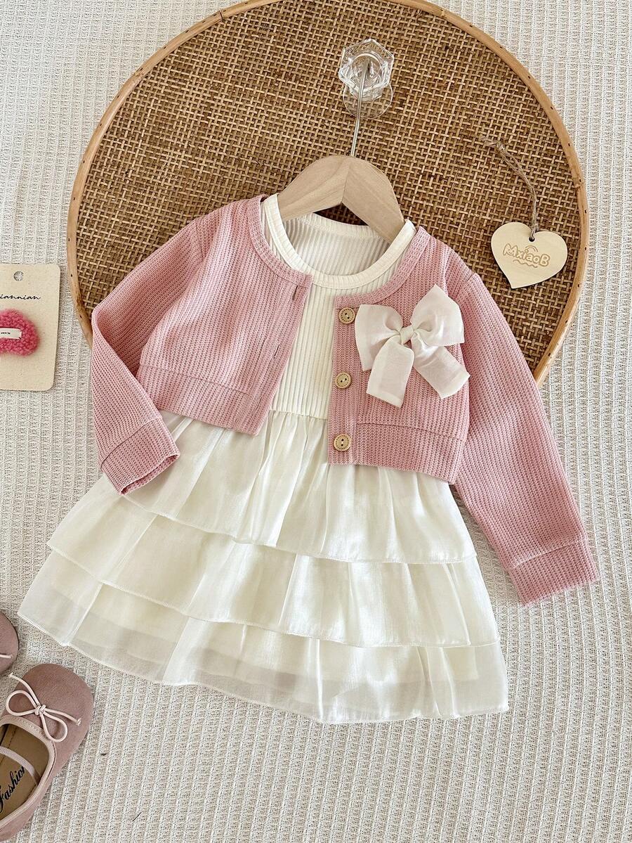 Baby Girl Spring/Autumn 2-Piece Set, Sweet Bow Short Knit Cardigan And Pearlescent Mesh Ruffle Tank Dress Princess Outfit - Coral Pink - View 1