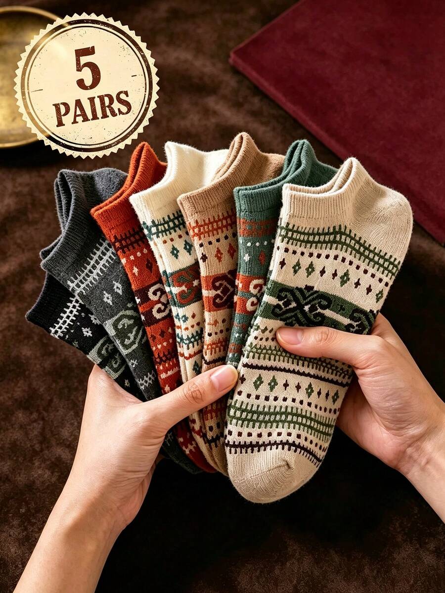 5 pares de calcetines bajos de estilo Fair Isle vintage surtidos, unisex, transpirables y antideslizantes, versátiles para uso diario, desplazamientos y hogar, otoño/invierno, tipo náuticos - Multicolor - Ver 1