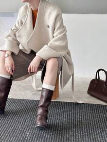 Fashion Women's Wool Blend Mid-Length Coat, Waterfall Collar, Raglan Sleeves, Belt Detail, Suitable For Autumn/Winter Wear. Nyfw. - Oatmeal - View 9