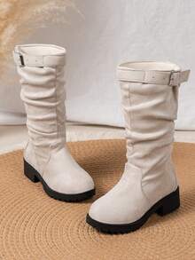 1 Pair Girls' Ruched Stacked Shaft Boots, Vintage Western Style, Easy To Match With Skirts And Pants - Beige - View 3