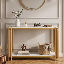 Modern Console Table With 2 Shelves, Hallway Table In White Marble Look, Slim Table For The Entryway, Decorative Table For Living Room, Hallway And Bedroom – H80/W123.5/D33.5 Cm - 金色 - 查看 7