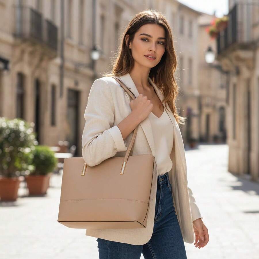 Classic Work Tote Bag Stylish Large Capacity PU Leather With Multiple Compartments - Carne - Ver 1