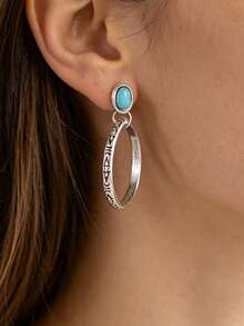 1 par de pendientes de aro redondos de turquesa artificial estilo bohemio, pendientes con textura vintage tallada - Multicolor - Ver 3