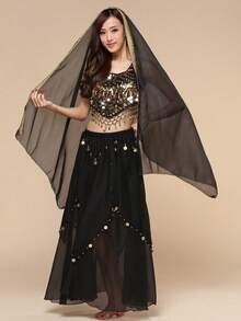 Women Halter Gold Coin Fringe Crop Top & Chiffon Long Skirt, Oriental Belly Dance Carnival Rave Performance Outfit, Multiple Colors Available - Multicolor - View 8