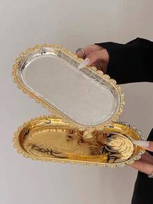 1pc Embossed Rose Pattern Gold Rim Oval Tray, French Luxury Gold And Silver Dual-Tone Metal Storage Dish, Suitable For Displaying Desserts, Snacks, Aromatherapy, Jewelry, Perfect For Elegant Afternoon Tea Presentation, Soft Decor Still Life Photography, Applicable To Home Vanity, Living Room Coffee Table, Wedding Dessert Table, Influencer Bakery Store Scenes - Multicolor - View 9