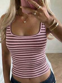 Women Fall Pink Brown Stripe Tank Top,Square Neck Slim Crop Camisole For Back To School Daily Going Out - Pink - View 1