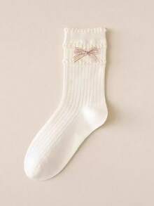 1/4 Pairs Women's Sweet Ballet Style Frill Edge Mid-Calf Socks With Cute Bow, Breathable Ruffled Ribbed Cotton Lolita JK Stackable Crew Socks,4 Season - Multicolor - View 13