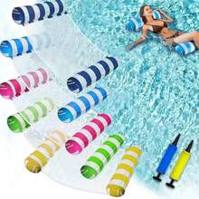Cadeira de Descanso Inflável de PVC Listrada - Boia de Piscina Portátil e Dobrável para Adultos com Conjunto de Bomba de Ar, Acessório Durável para Festa e Piscina - A - Visão 1