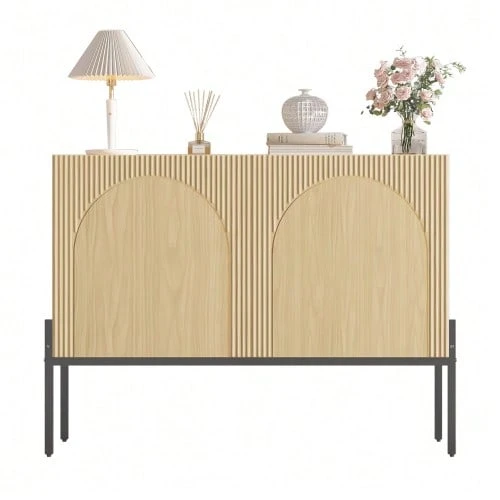 Sideboard With 2 Doors And Metal Legs, Buffet, Chest Of Drawers With Arched Line Design, Modern Minimalist Style, Dimensions: W 100 Cm / H 75 Cm / D 40 Cm - Natural - 查看 1