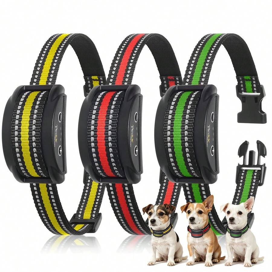 For 3 Dogs Dog Bark Collar , Barking Collars With 5 Adjustable Levels Of Sensitivity,Rechargeability Dog Training Collar,Bark Training Collar With Beeping And Electroshock, Adjustable Nylon Strap, Adjustable Sensitivity For Small And Medium Dogs - Yellow Red Green - View 1
