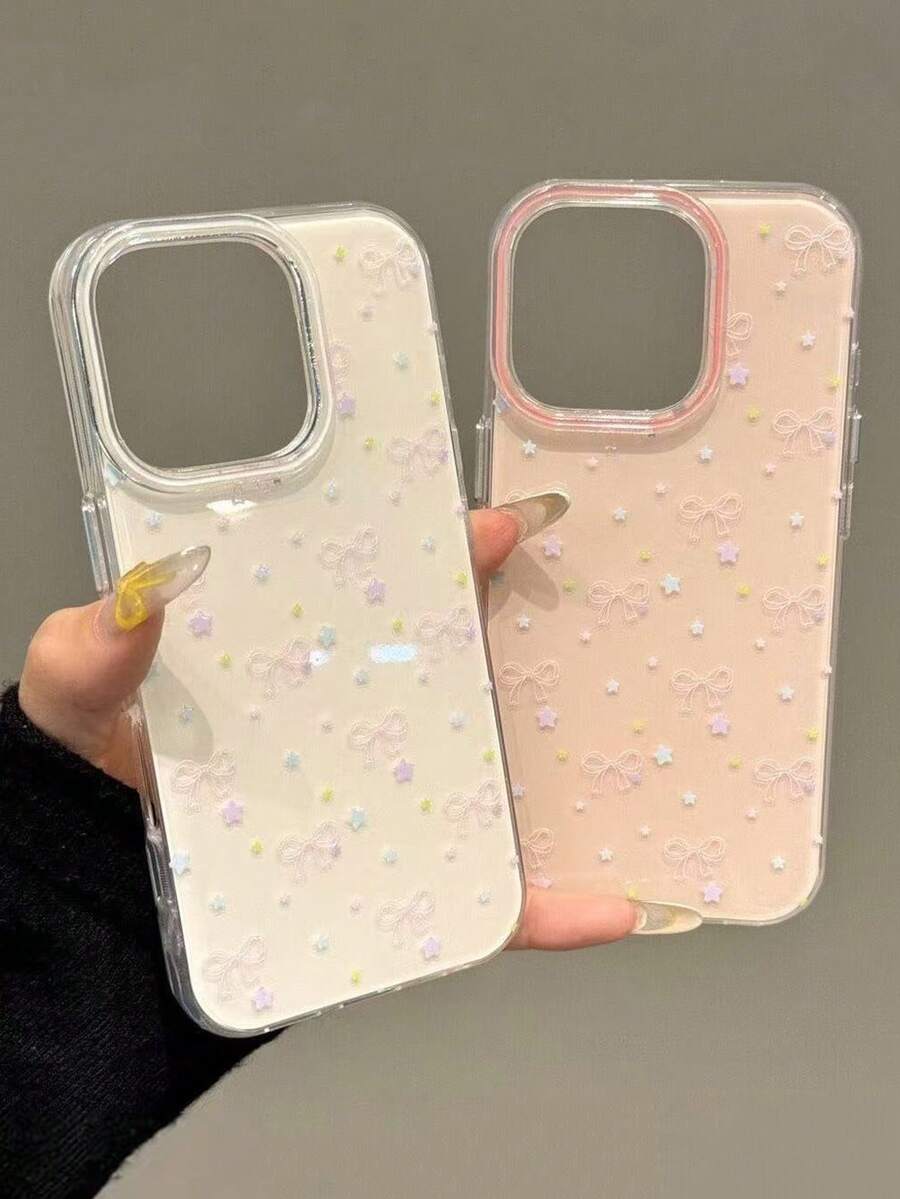 Bowknot IMD Transparent Pink Painted Thickened Minimalist Anti-Drop Printed Phone Case Compatible With IPhone 16/16 Pro/16 Pro Max/16 Plus, 15/15 Pro Max, 14/14 Pro Max, 13/13 Pro Max, 12/12 Pro Max, 11/12p, XS/XR/7/8, P11/P12 Soft Shell Protective Cover - Multicolor - View 1