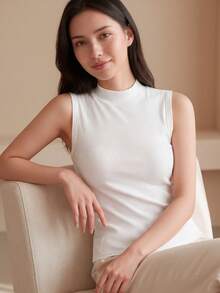 CELILIN Women's Comfortable Mock Neck Ribbed Tank Top, Soft Slim Fit Sleeveless Layering Essential For Everyday Versatile Outfits - White - View 4