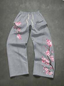 Big Boys Gray Floral Pink Cherry Blossom Letter Print Sweatpants, Autumn Street Style Hiking Joggers, Loose Wide Leg Long Pants - Light Grey - View 3