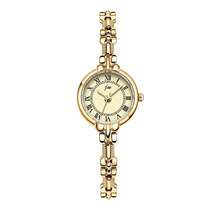 1 pieza Reloj de pulsera de cuarzo con esfera redonda mini para mujer, reloj de moda con correa de eslabones de aleación geométrica plateada, reloj de accesorio elegante para mujer con esfera numérica minimalista delgada, reloj de pulsera impermeable casual para uso diario y oficina para mujer - Dorado - Ver 6