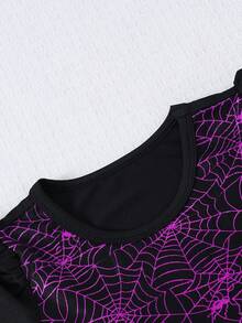Gaun Lengan Panjang Motif Jaring Laba-laba Halloween & Blok Warna Jala - Purple - View 4