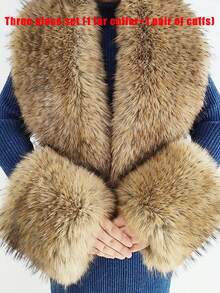 Faux Fur Collar Cuffs Set Winter Fluffy Shawl, 3 Options: Collar+Cuffs / Single Collar / Cuffs Only - Multicolor - View 50