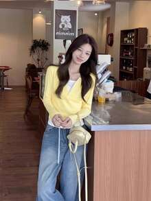 Women's Autumn/Winter Contrast Color 2 In 1 Long Sleeve T-Shirt, Short Cropped Base Layer Top - Yellow - View 3