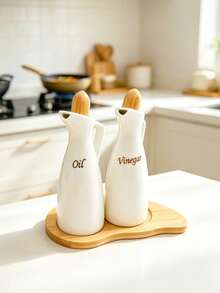 4Pcs/2Pcs White Ceramic Oil And Vinegar Dispenser Set With Bamboo Tray, Leak Proof Oil Cruet Bottle, Salt Pepper Shakers Kitchen Condiment Storage Kit For Dining Table Cooking,Salt & Pepper Shaker - Multicolor - View 2