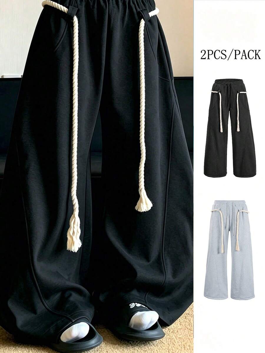 HEYKESON 2pcs Men's Thick Cable Knit Tassel Drawstring Wide Leg Sweatpants, Loose Casual Style Long Pants - Multicolor - View 1