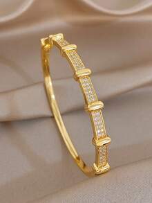 1Pc/Set Elegant Gold Plated Rectangular Shiny Zirconia Stack Bangle Bracelet Set,Gold Jewelry For Women,Daily,Party,Wedding,Valentine Gifts,Christmas - Multicolor - View 8