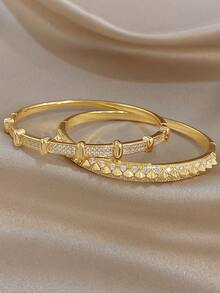 1Pc/Set Elegant Gold Plated Rectangular Shiny Zirconia Stack Bangle Bracelet Set,Gold Jewelry For Women,Daily,Party,Wedding,Valentine Gifts,Christmas - Multicolor - View 6