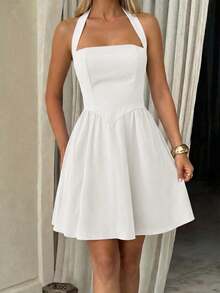 Women Fall White Halter Mini Dress,Square Neck Backless Flared Skirt For Back To School Vacation Birthday Going Out - White - View 1