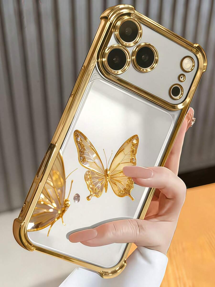 1pc Fashionable Gold Butterfly Pattern Four-Corner [Lens Film] Anti-Drop Airbag Soft Full Coverage Phone Case Compatible With Apple 7/8/X/XR/XSMAX/11/12/13/14/15/16/17Promax Compatible With Samsung A14/A15/A16/A17/A04/A05/A06/A07/A54/A55/A56/A57/A34/A35A/36/A37/S26/S26Plus/S26Ultra Compatible With Transsion SMART7/8/10 Compatible With Honor400/400Pro/400Lite - Gold - View 1
