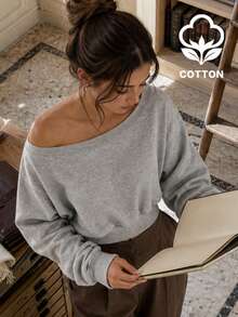 Women's Grey Pure Cotton Long Sleeve Boat Neck Pullover Sweatshirt, Ribbed Knit Top, Autumn Essential - Light Grey - View 2