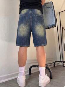 男士夏季休閒無彈力牛仔短褲 - 寶藍色 - 查看 2