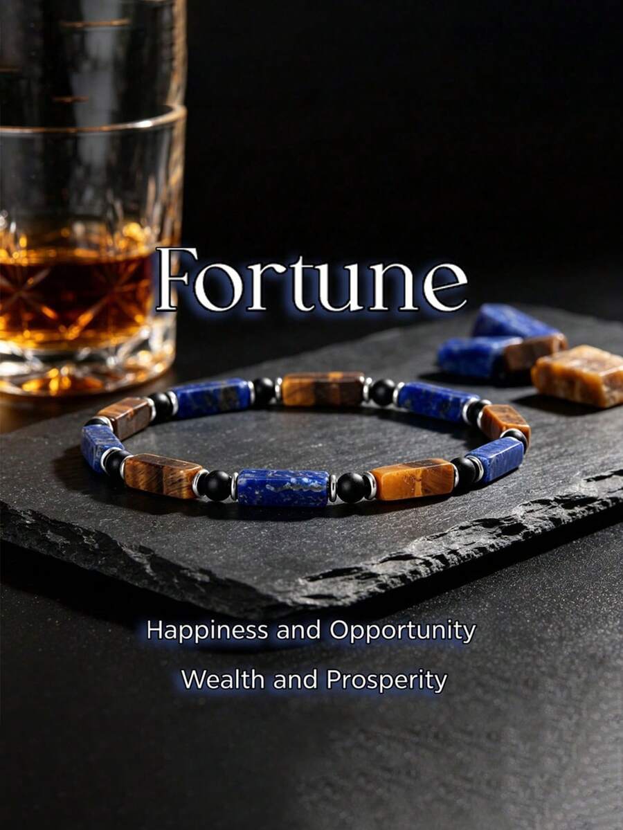 Vintage Rectangular Lapis Lazuli & Tiger Eye Beaded Wealth Bracelet, Matte Black Round Beads With Silver Metal Spacers, Unisex Daily Elastic Bracelet - Multicolor - View 1