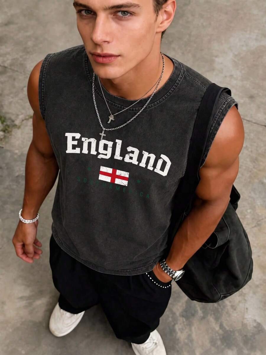 YUNCHIC 男士夏季休閒復古高街運動風街頭穿搭硬漢英格蘭國旗 ENGLAND 圖案世界盃圓領無袖背心,適合居家、辦公室、戶外、城市、常規、街頭穿搭、休閒、青年 - 黑色 - 查看 1