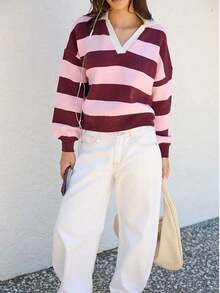 Women Striped Long Sleeve Regular Pullover Sweater With V Neck And High Stretch Fabric - Pink - View 6