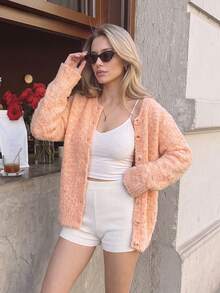 Nicenter Atasan Wanita Musim Gugur/Dingin, Sweater Kardigan Pendek Rajut Keriting Lembut Campuran Wol Hangat, Leher Bulat, Kancing Depan, Lengan Panjang, Atasan Dasar - Coral Pink - View 7