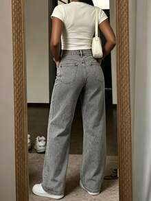 Women's Grey Straight Leg Jeans With Button Detail, Long Casual Pants, Medium Stretch, Suitable For Daily Wear - Grey - View 6