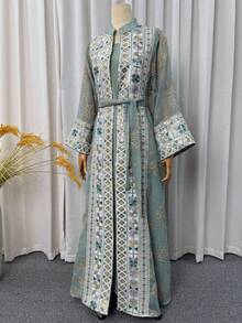 2件組穆斯林女式長袍套裝，中式立領亮片幾何刺繡開襟外套 + 內搭洋裝，優雅派對度假秋季穿搭 - 薄荷綠 - 查看 8