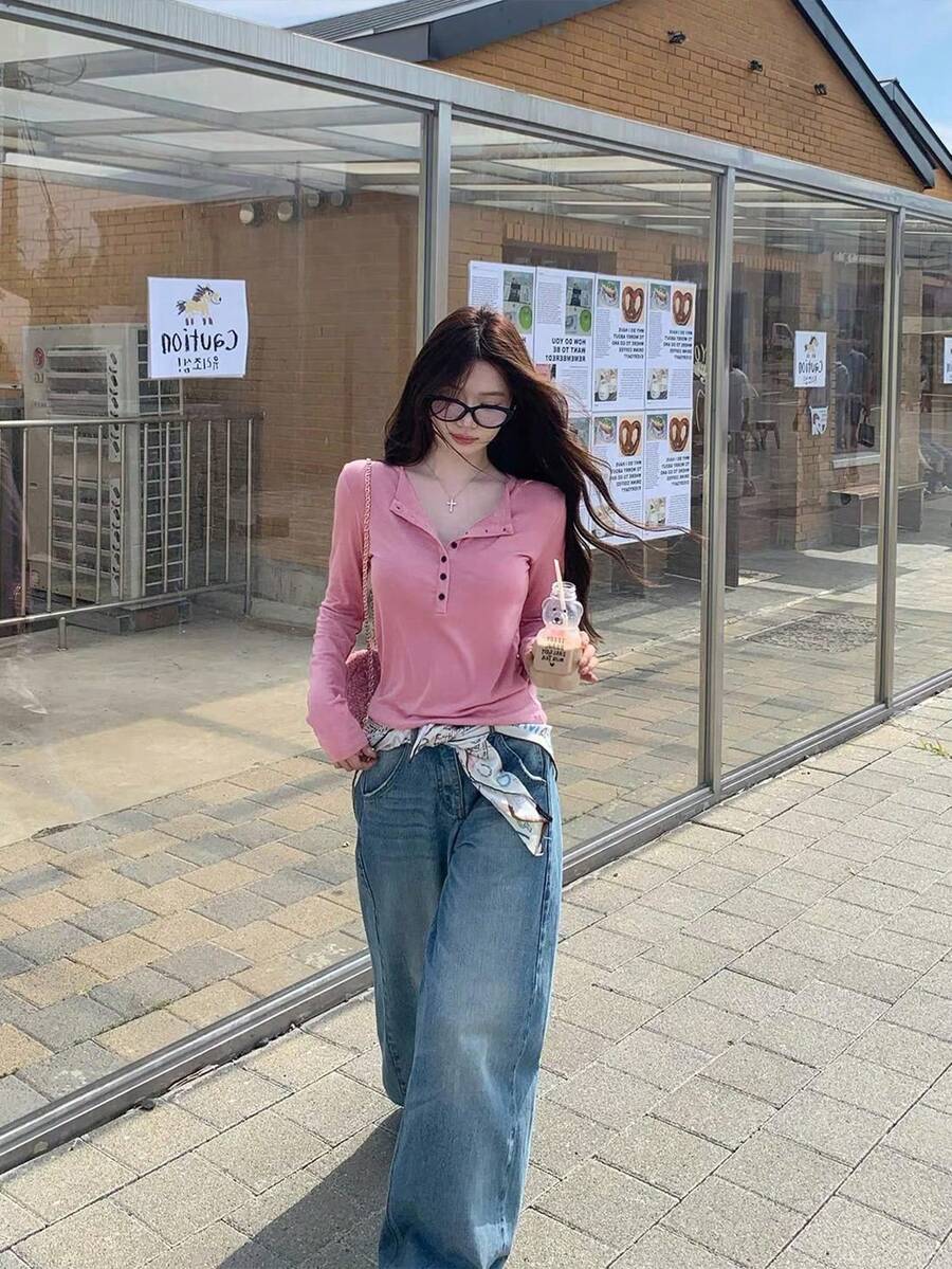 Kaos Lengan Panjang Kancing Warna Polos dengan Kerah Setengah Terbuka, Desain Awal Musim Gugur untuk Wanita - Hot Pink - View 1