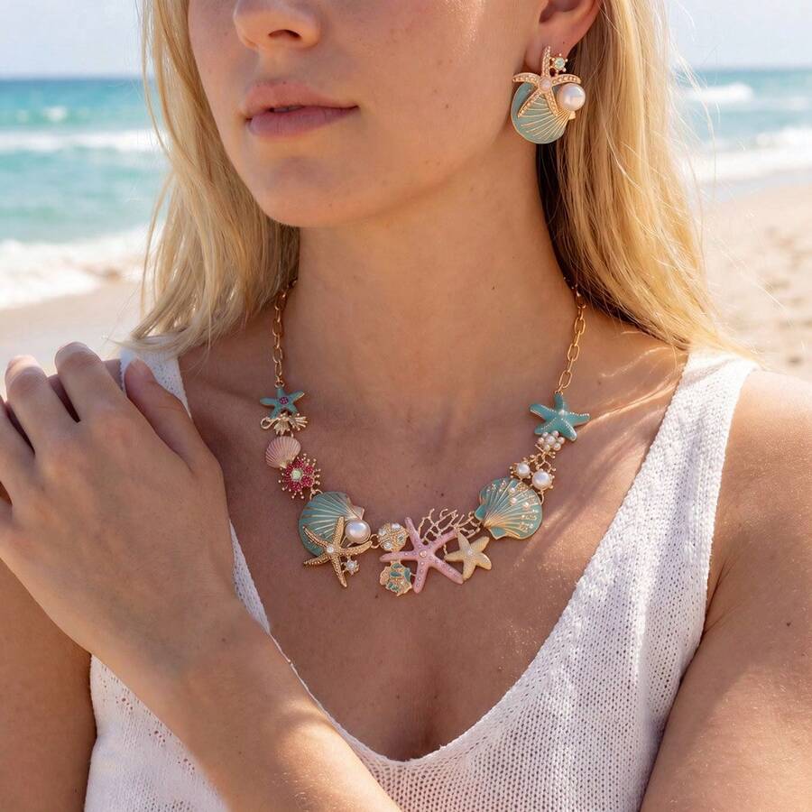 Set de 3 piezas: collar y pendientes de estrella de mar y concha coloridos de alta gama para mujer, perfecto para uso diario, fiestas y vacaciones, regalo de vacaciones - vistoso - Ver 1
