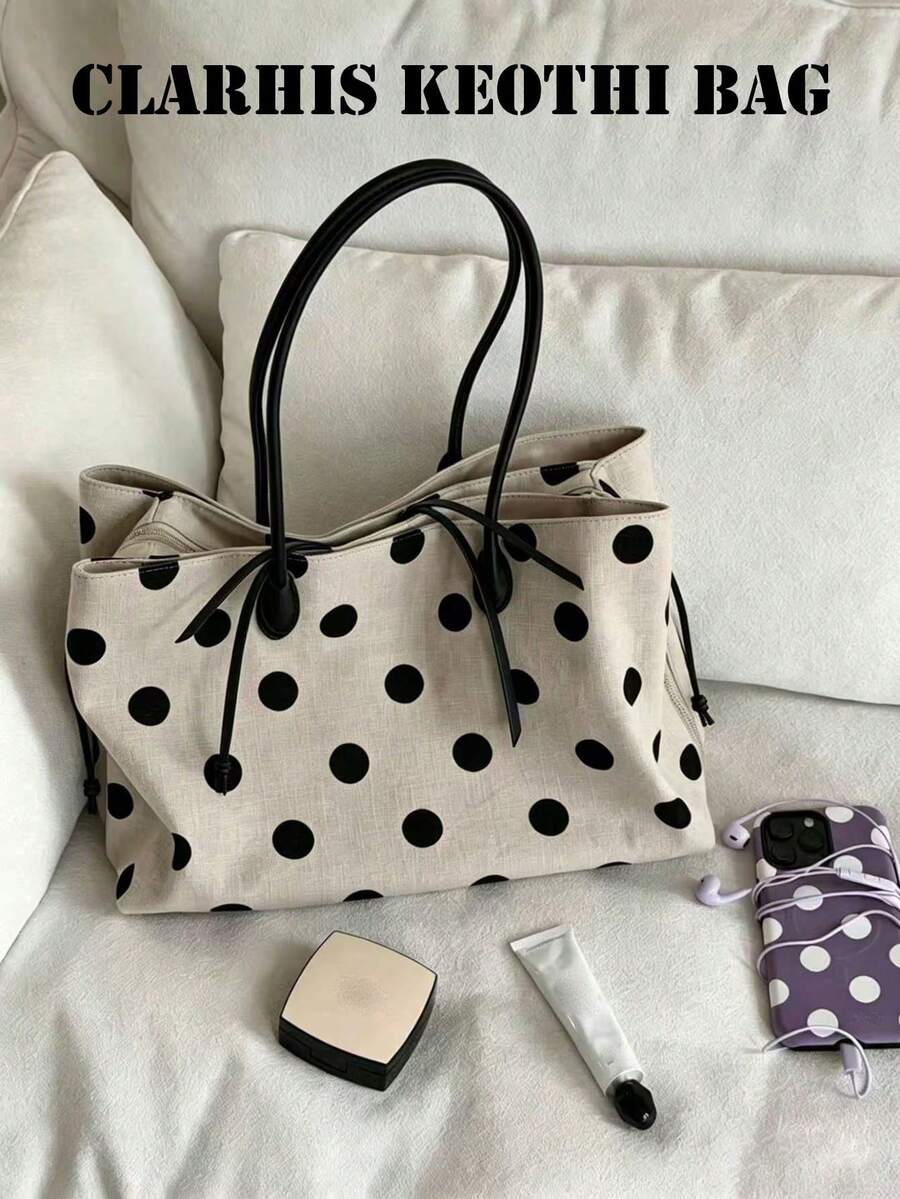 Polka Dot Canvas Tote Bag With Drawstring Design, Lightweight Casual Carryall Bag For Shopping, Work, Travel And Daily Use - Beige - View 1